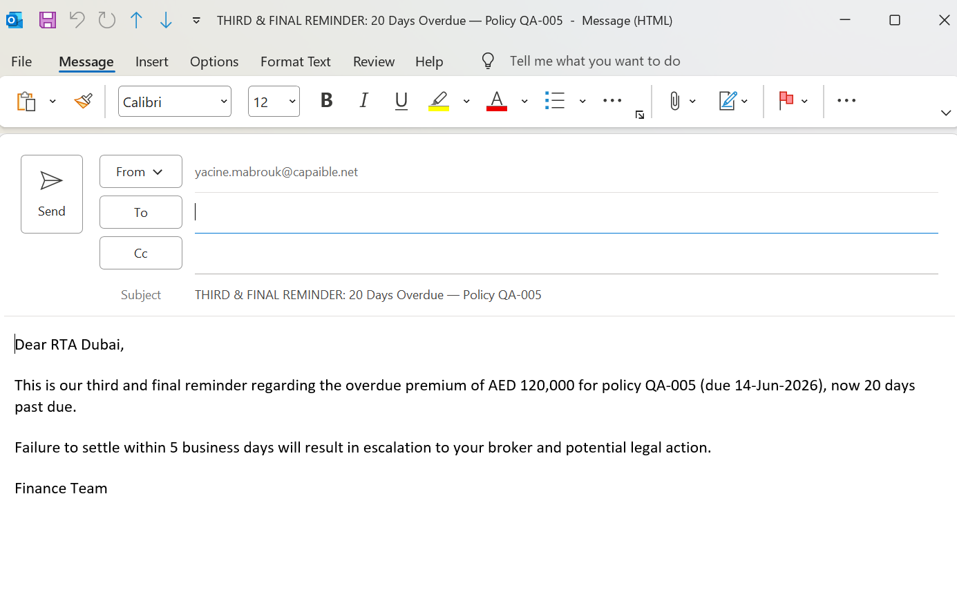 Dunning chaser email draft in Outlook