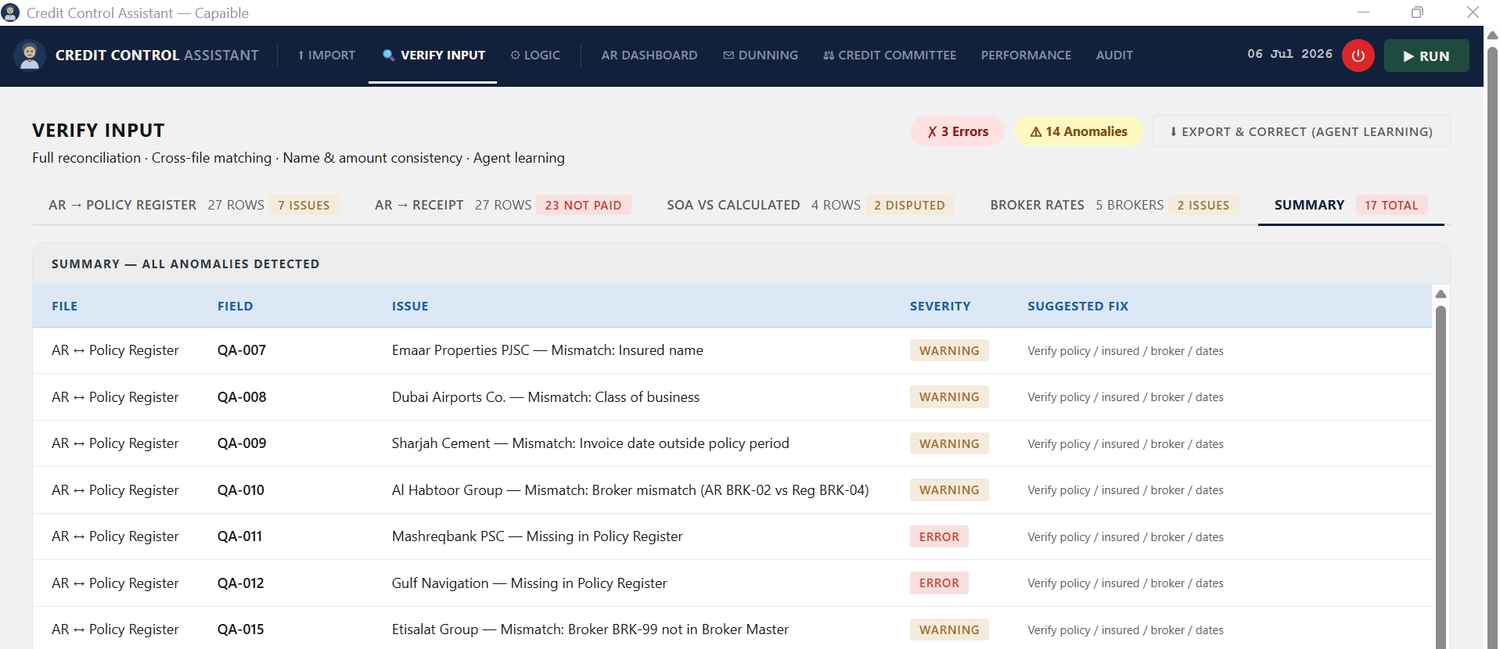 Verify input — full reconciliation and cross-file matching, errors and anomalies flagged